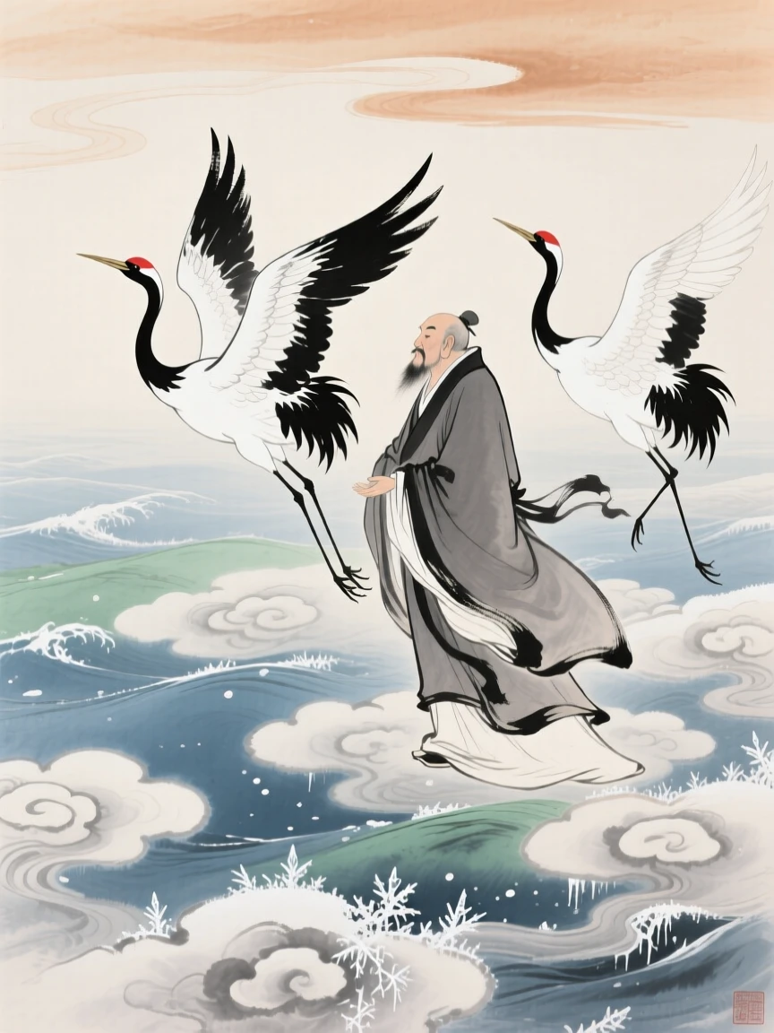 Immortal cranes carrying a robed sage across a sea of clouds, as winter frost settles.