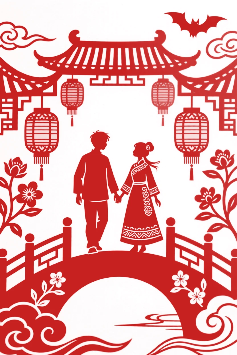 A young couple walking hand in hand along a lantern-lit bridge, the scent of jasmine filling the evening air.