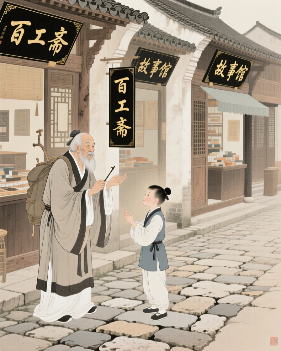 A traveling storyteller teaching a skill to an eager apprentice along a cobblestone street lined with shops