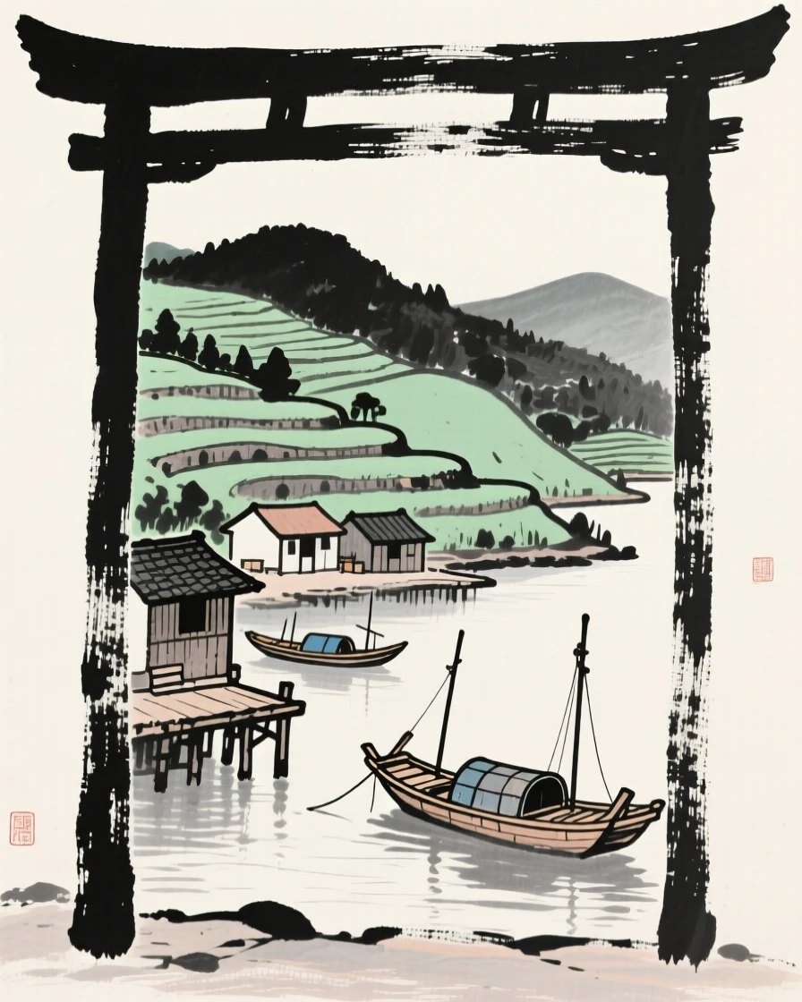A small fishing village harbor nestled among terraced green hillsides, framed through an archway or gate for depth, suggesting timeless craftsmanship and peaceful tradition.