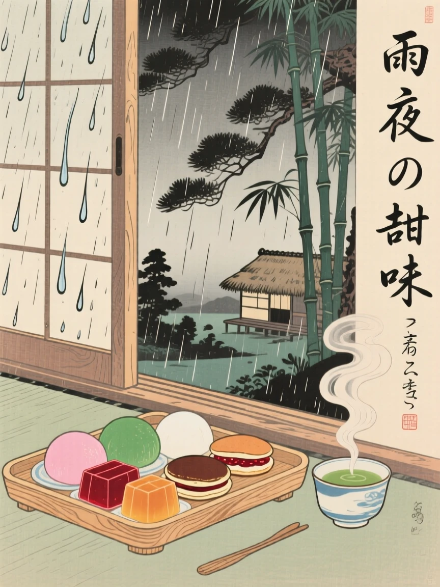 A tray of colorful sweets opened beside a rain-streaked window.