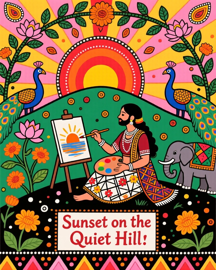 A wandering artist painting a sunset from a quiet hillside.