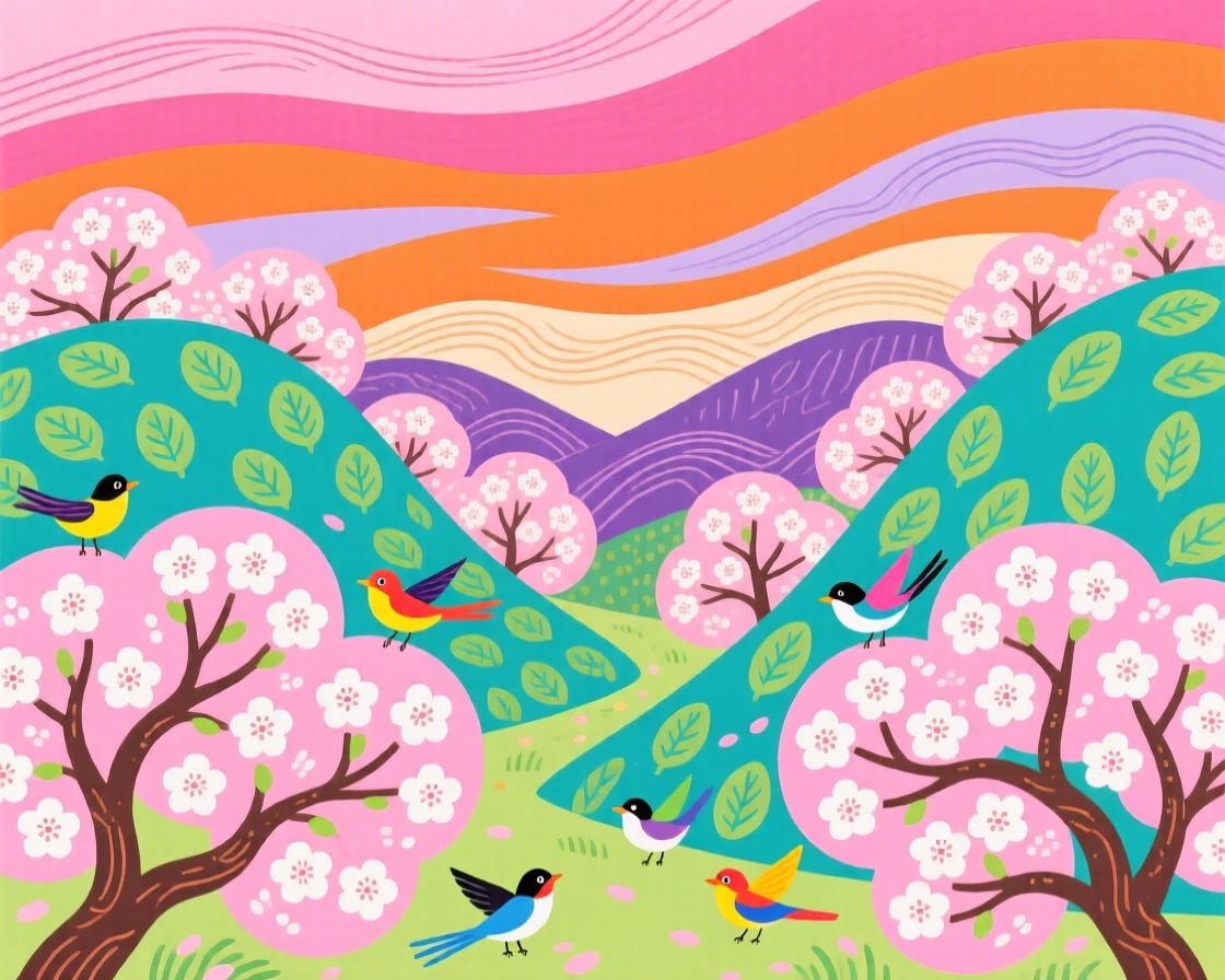 A hidden valley where cherry blossoms bloom under a sky of shifting colors.