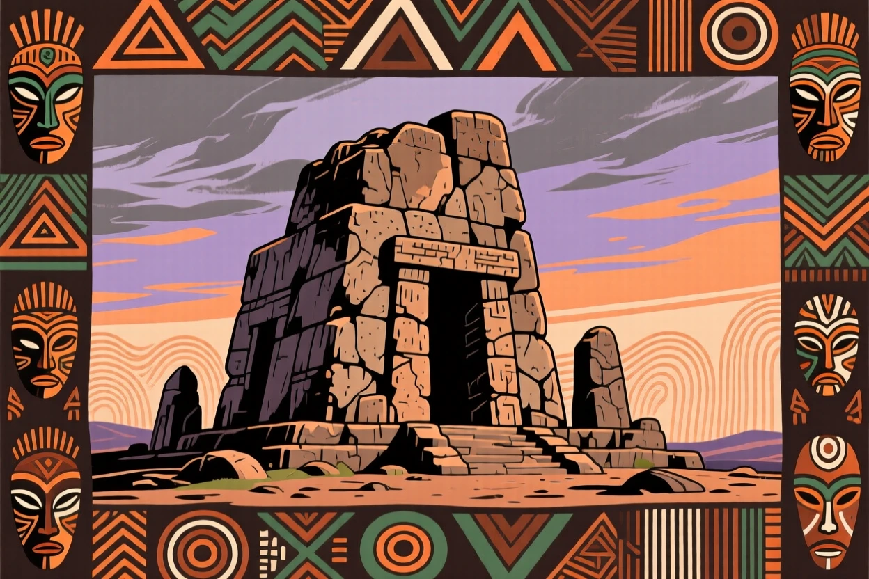 An ancient stone ruin framed against a dramatic sky.