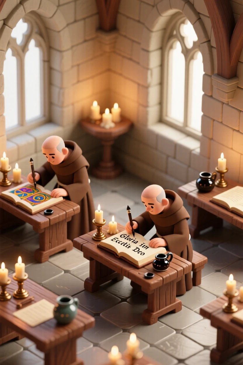 A medieval monastery scriptorium with monks illuminating manuscripts by candlelight, ink pots and quills scattered about.