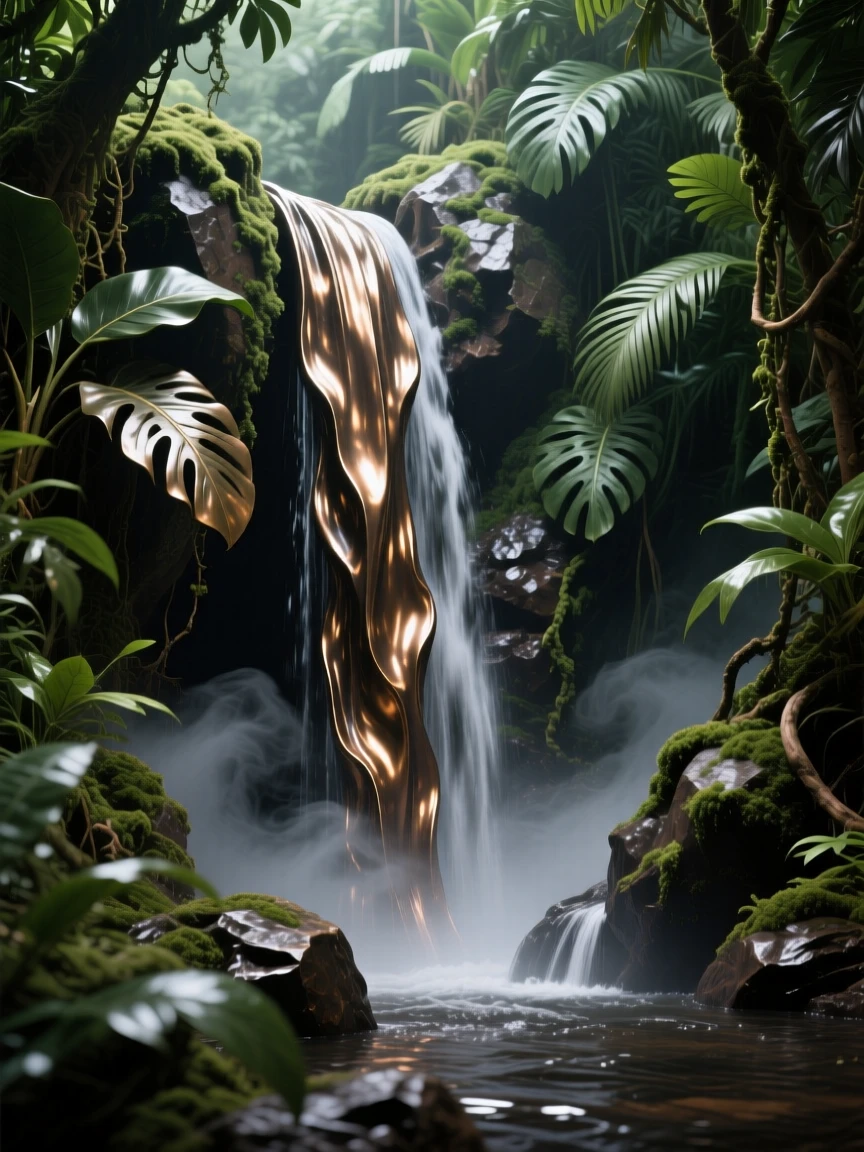 A hidden waterfall deep within a lush jungle, with soft mist adding a dreamlike quality, offering a breathtaking sense of place