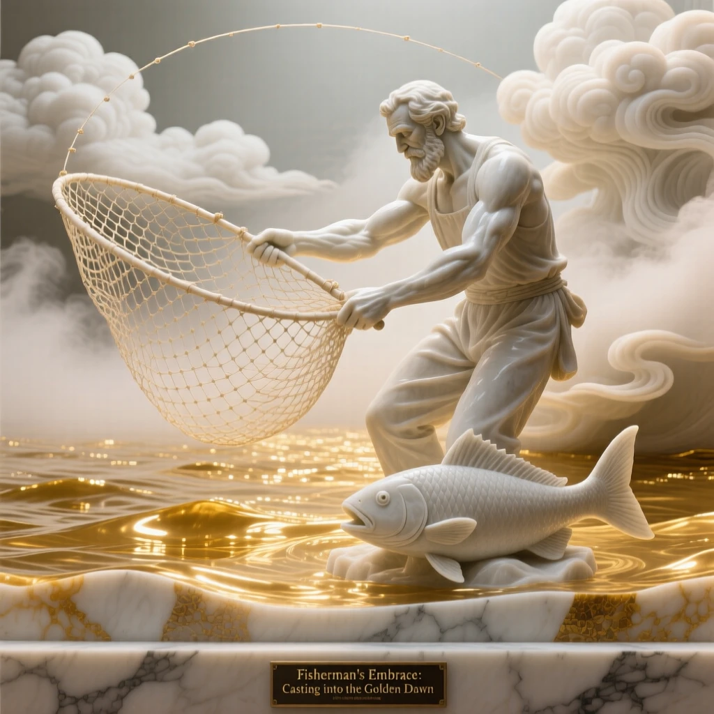An evocative depiction of a fisherman casting his net into golden waters, amid swirling clouds and mist, balancing detail with emotional depth