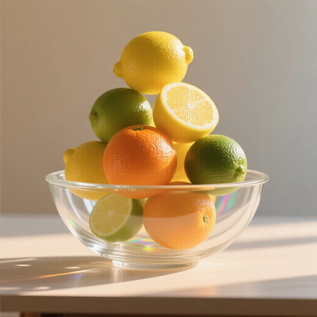 As morning light streams across the table, a stack of citrus fruit piled high in a wide bowl
