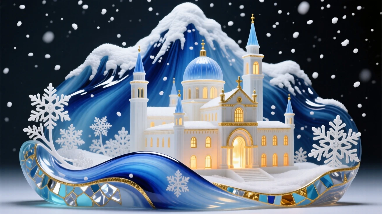A grand mountain monastery glowing softly beneath a canopy of freshly falling snow, spiritual and serene.