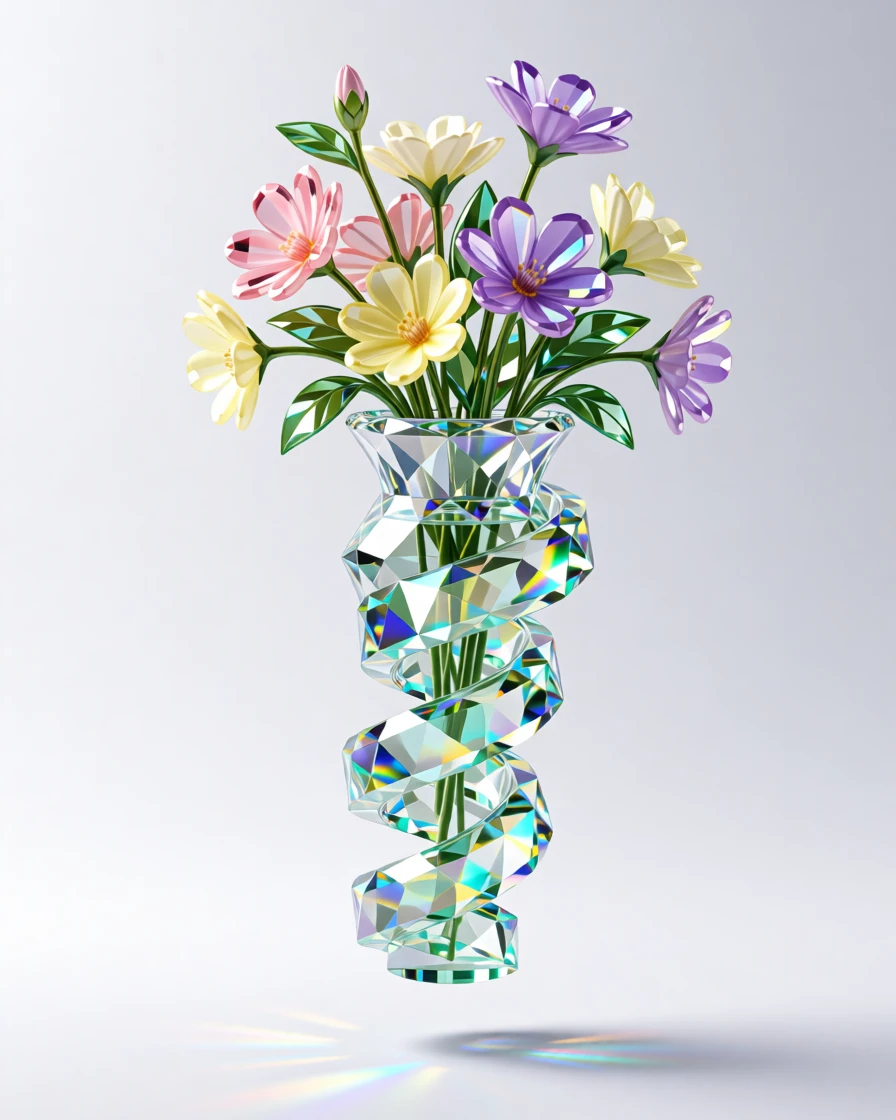 A dreamlike spiral of blooming flowers cascading from a floating vase.