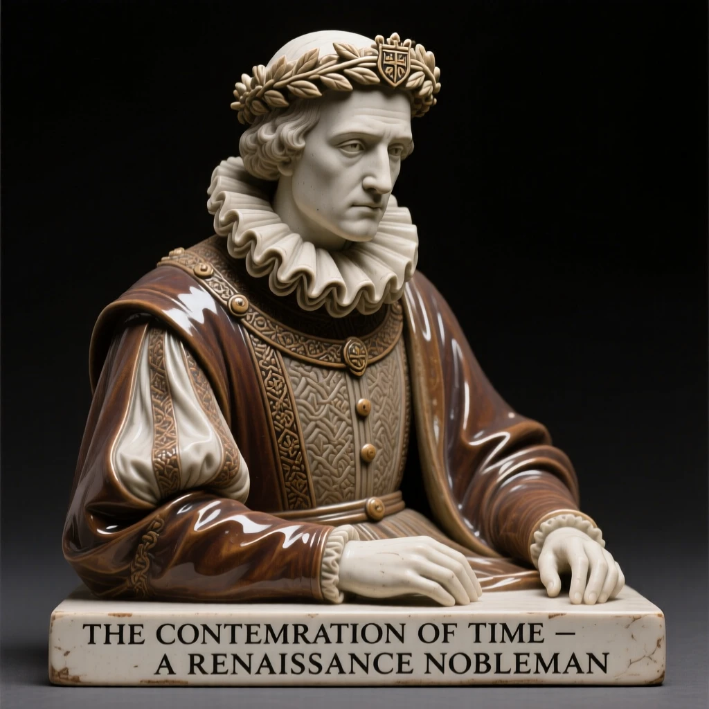 A Renaissance nobleman in an ornate collar seated in quiet, contemplative repose, crowned with symbolic ornamentation, capturing the weight of history in a single gaze.