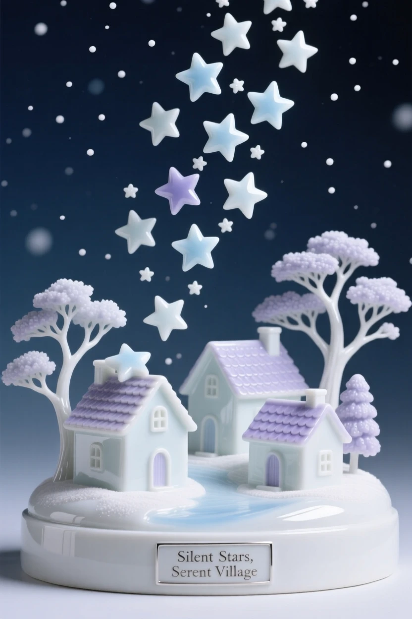 A surreal composition where stars fall softly like snow over a quiet village, suspended in a moment of serene stillness.