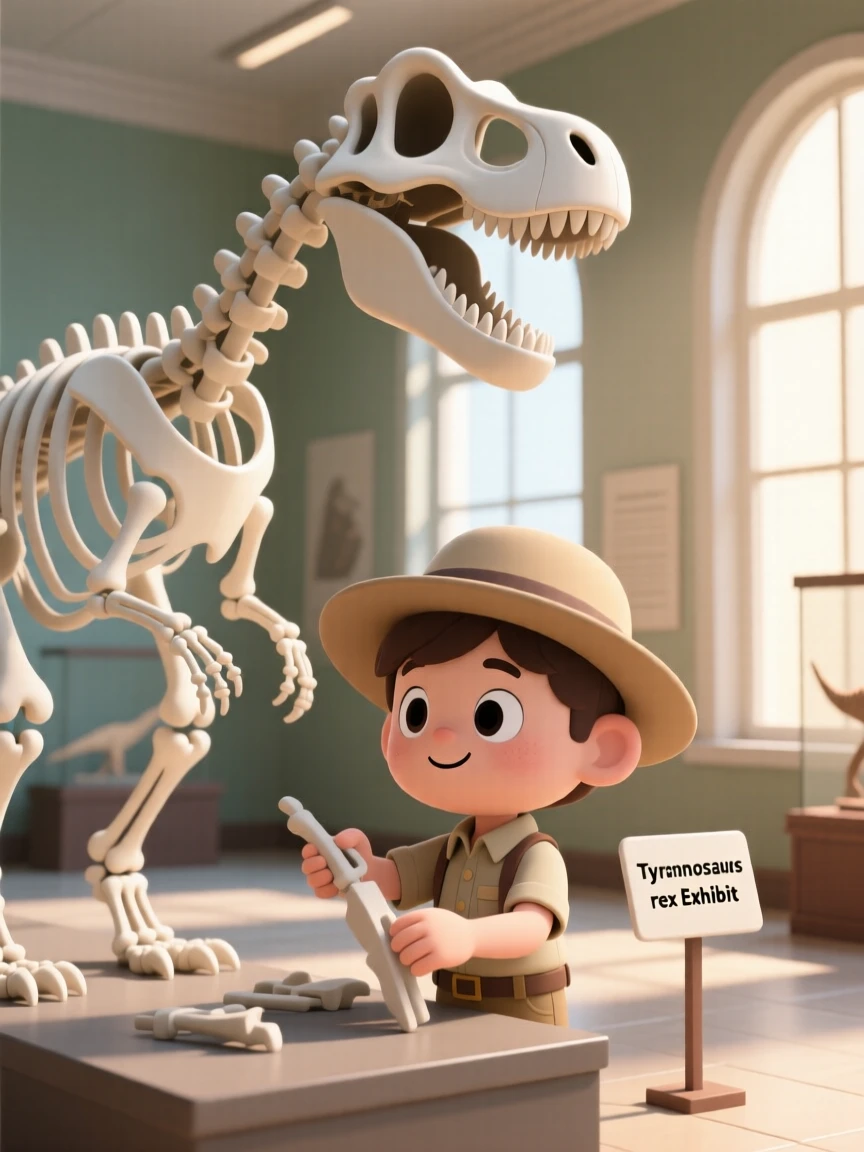A curious young paleontologist carefully assembles a massive dinosaur skeleton inside a sunlit museum hall.