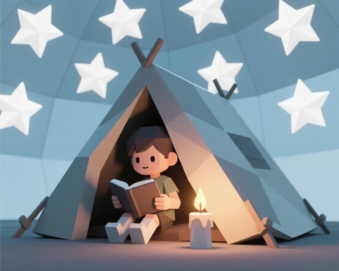 A child reading by candlelight under a blanket fort, beneath a sky full of stars. soft backlighting creates a warm, glowing silhouette. A wave of nostalgia fills the moment.