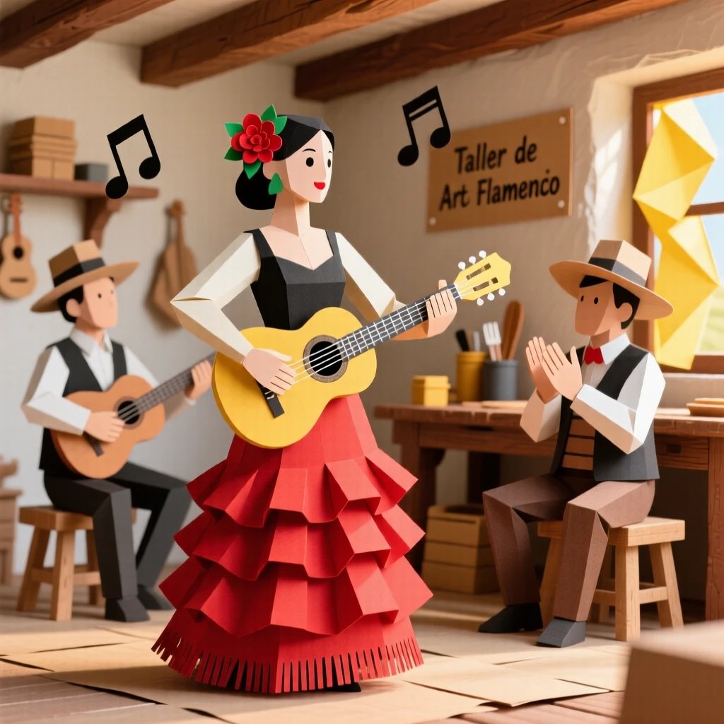 A vibrant flamenco performance set in a sunlit traditional workshop, with rhythmic music filling the air, conveying mindful ritual and tradition.