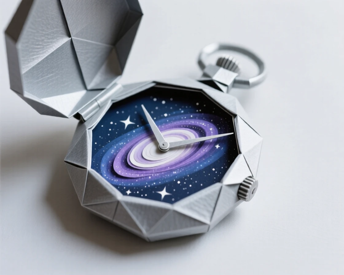 A pocket watch open to reveal a miniature galaxy swirling within its face.