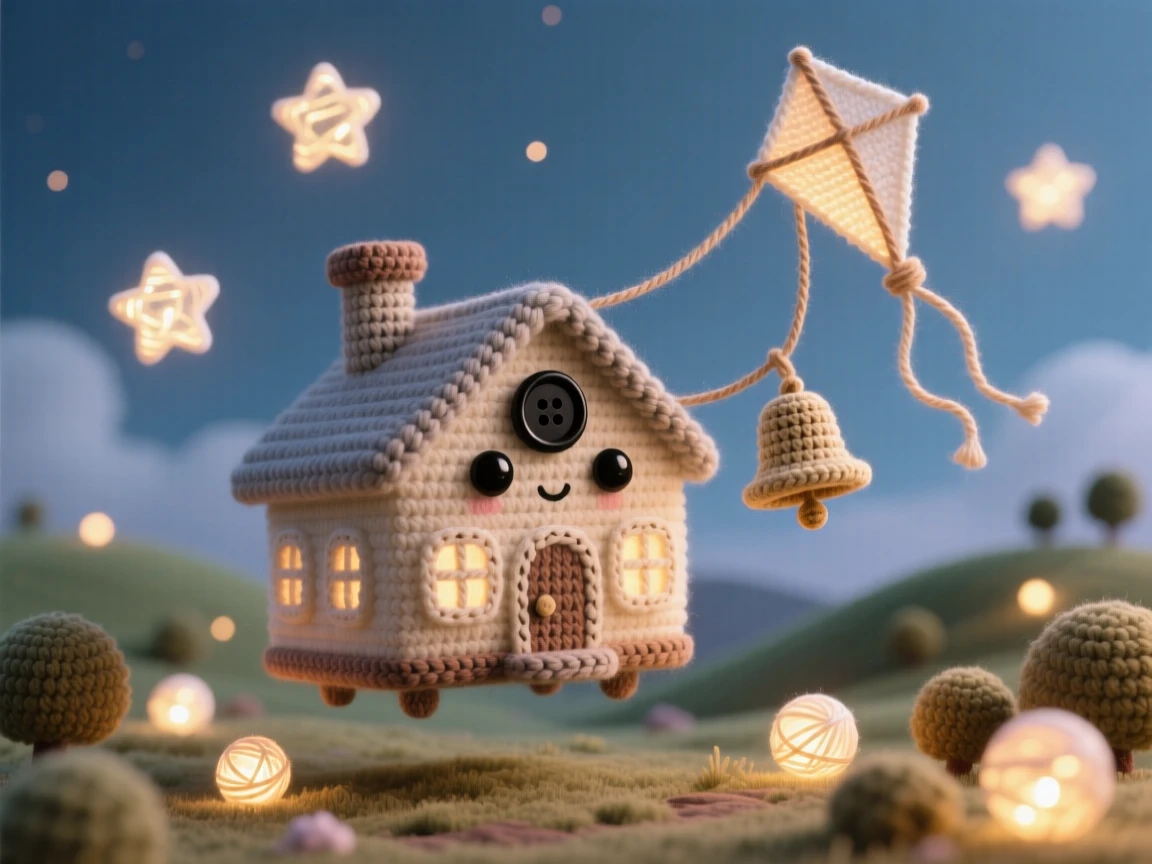 An imaginative scene of a small floating schoolhouse carried by a kite string with a tiny bell ringing softly, drifting above a quiet countryside drifting through a sky scattered with stars; a scattering of tiny glowing lights nearby, full of cozy, whimsical enchantment.