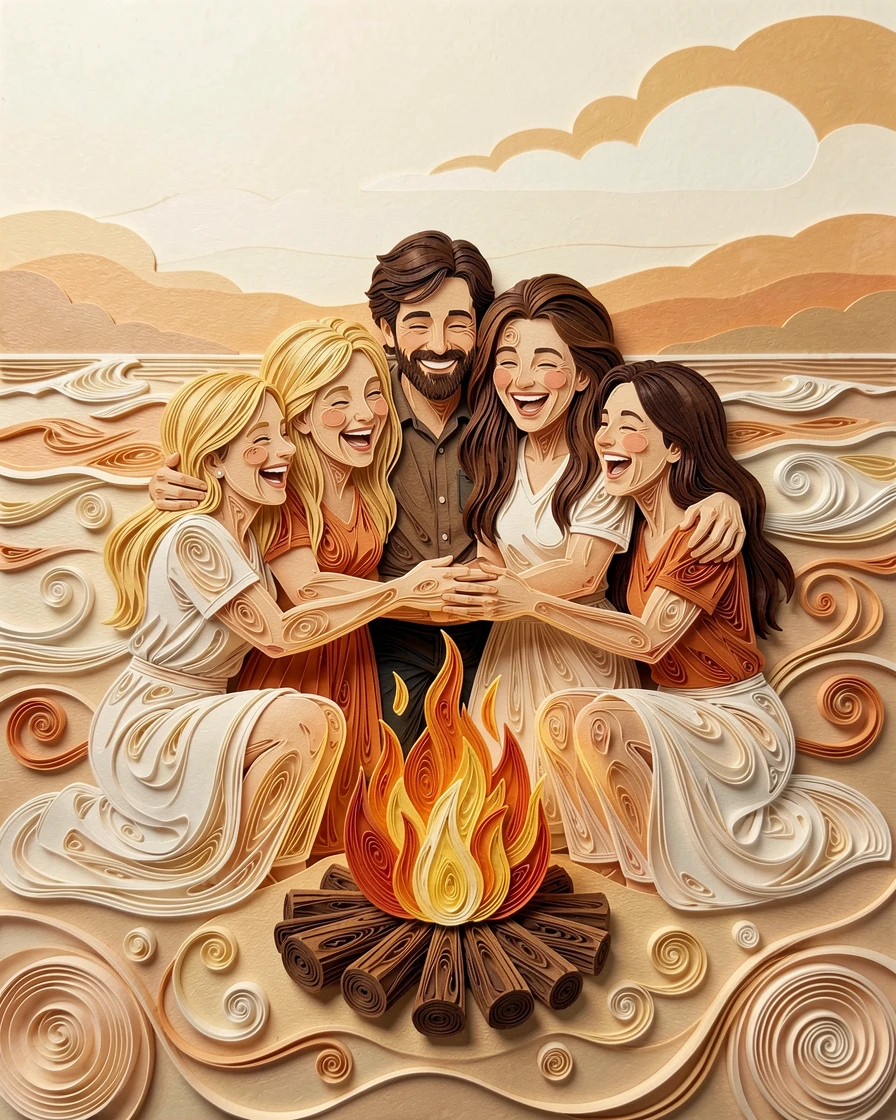 friends laughing together around a summer campfire, on a quiet beach at golden hour, composed with the subjects gently embracing at the center, in soft, cozy tones of amber and cream.
