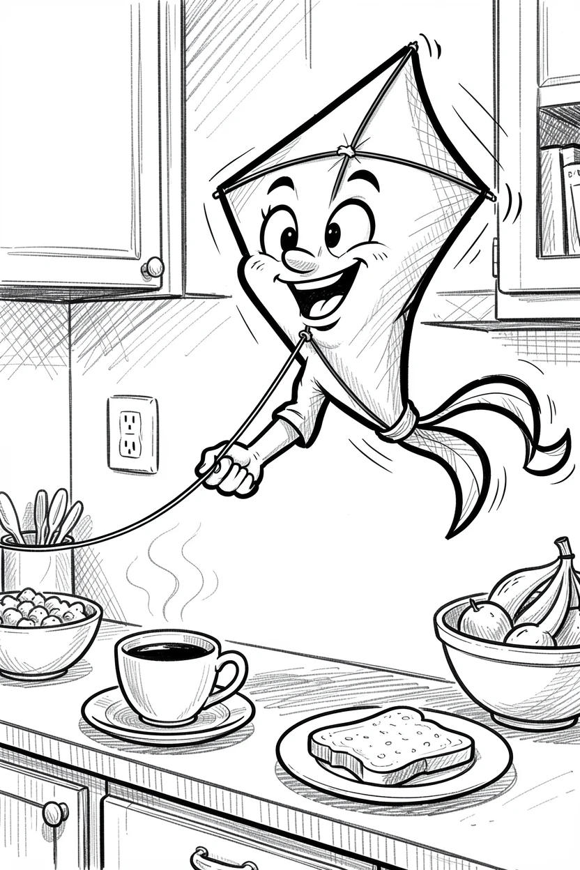 A kite tugging excitedly at its string in the wind on a kitchen counter at breakfast time.