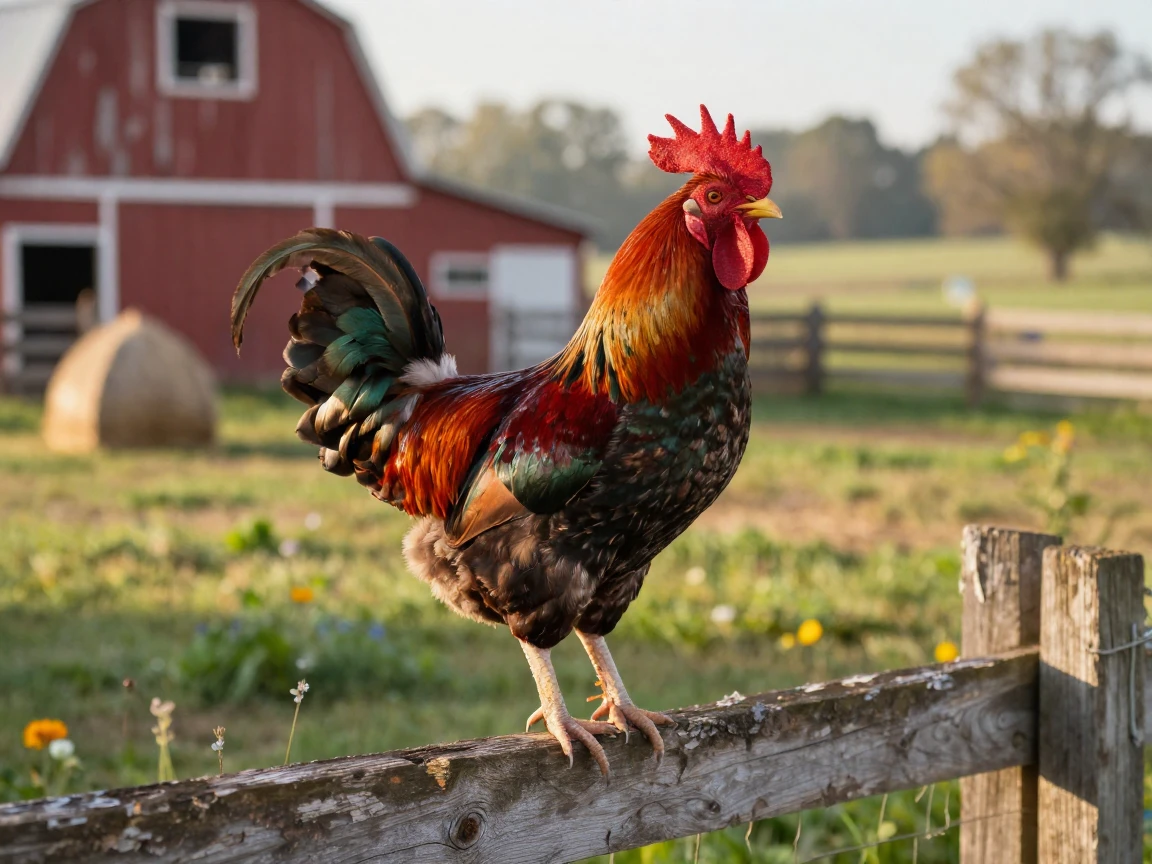 A rooster crowing atop a rustic farmyard fence