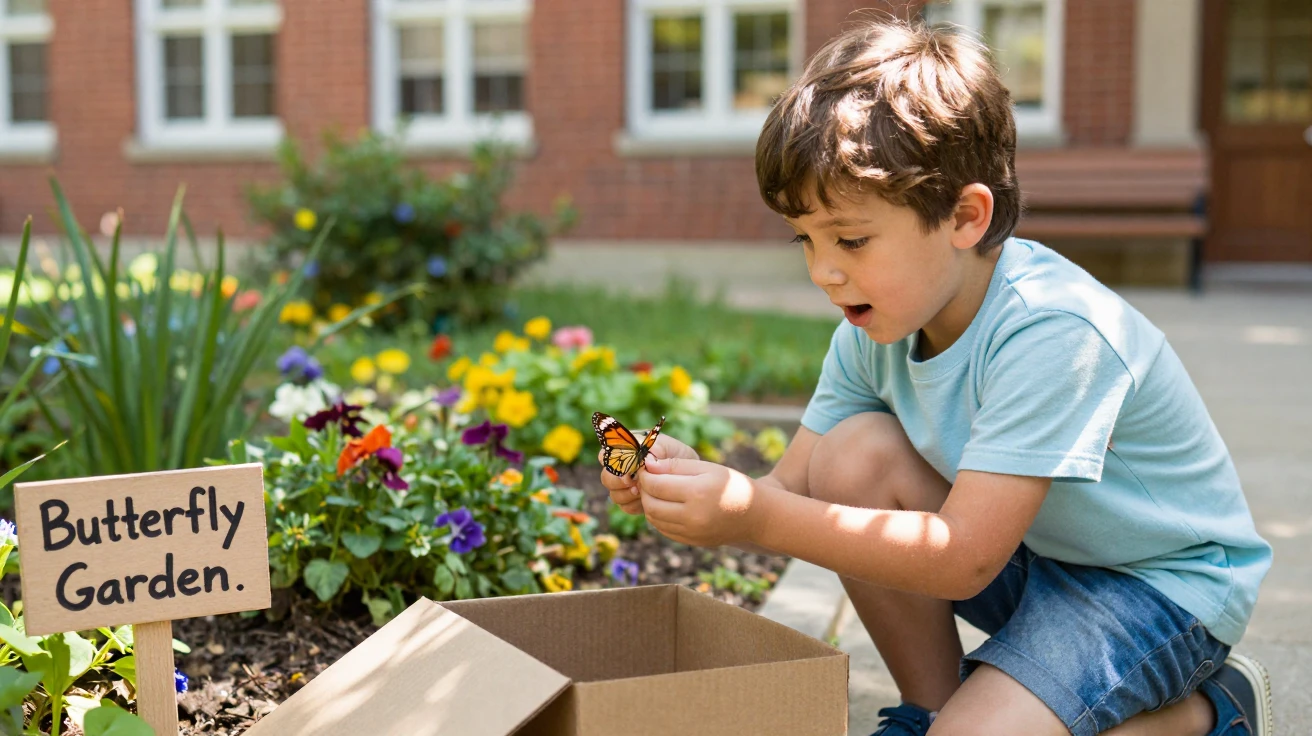 A child releases a rescued butterfly from a paper box in a school garden.