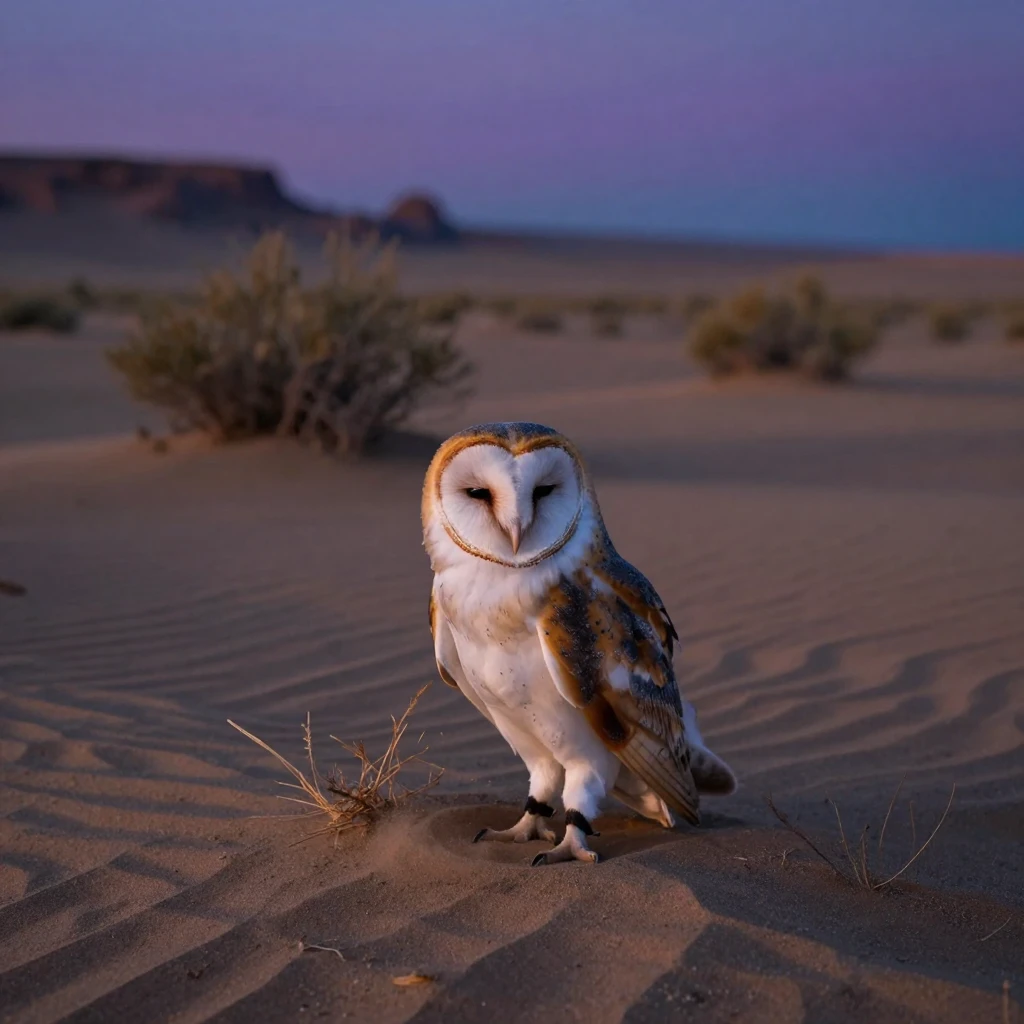 A barn owl huddling together for warmth across a windswept desert plain as the day slowly fades