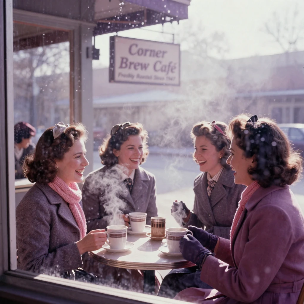 A group of women laughing together over coffee at a sidewalk café, under harsh midday sun, in thick rolling fog, in the depths of winter, in dusty lavender and rose tones, through a rain-streaked window.