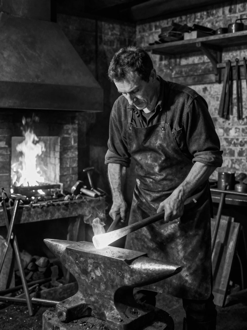 A blacksmith hammers glowing metal on an anvil beside a roaring furnace.