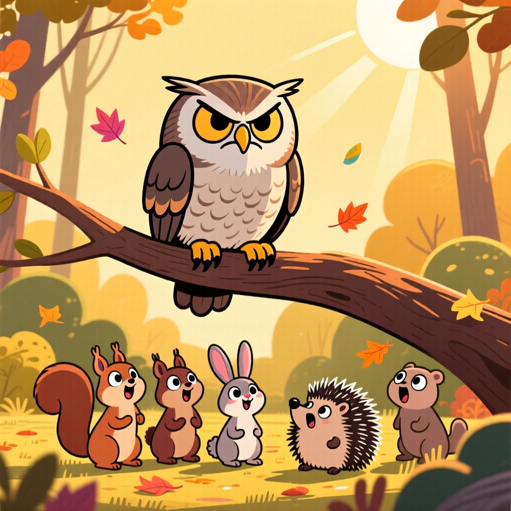 A charming animal moment featuring a grumpy owl showing off in front of an admiring group of onlookers, under a warm golden afternoon sun.