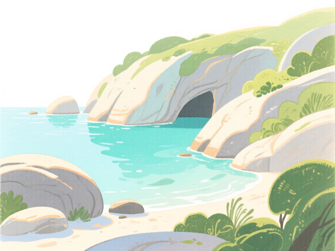 A serene landscape of a hidden cove with crystal-clear turquoise water in soft morning light