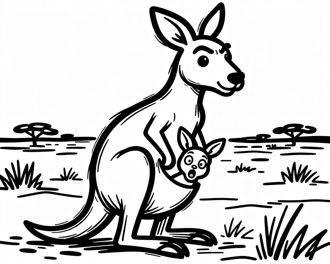 A baby kangaroo peeking curiously out of its mother's pouch in the outback.