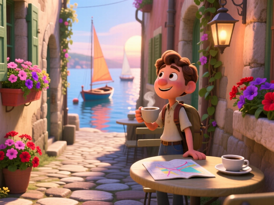 A traveler sipping coffee at a small cafe stands in a narrow cobblestone alley lined with flower boxes, walking slowly along the quiet path. A quiet excitement for discovery lingers in the air, with small boats bobbing in the distance.