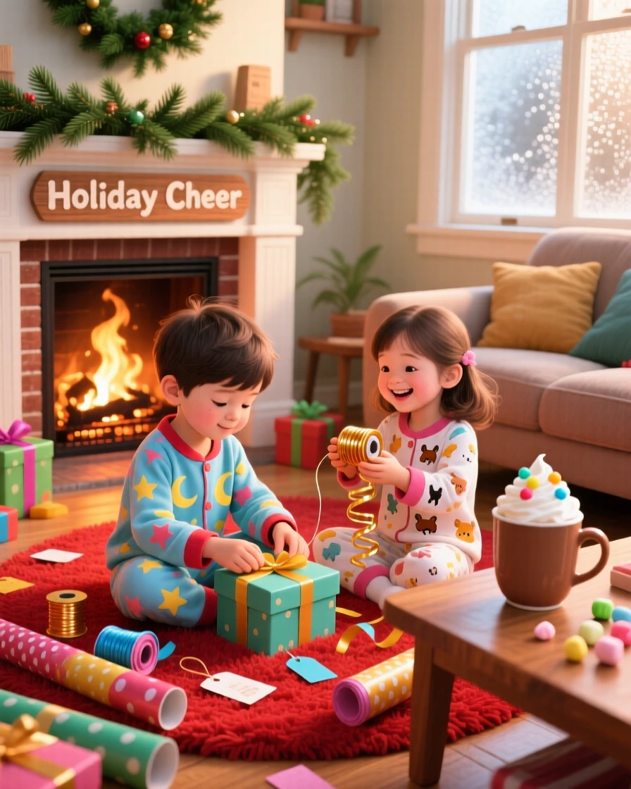 A young child in pajamas spends the afternoon wrapping presents by the fireplace with his little sister, with a warm cup of cocoa nearby.