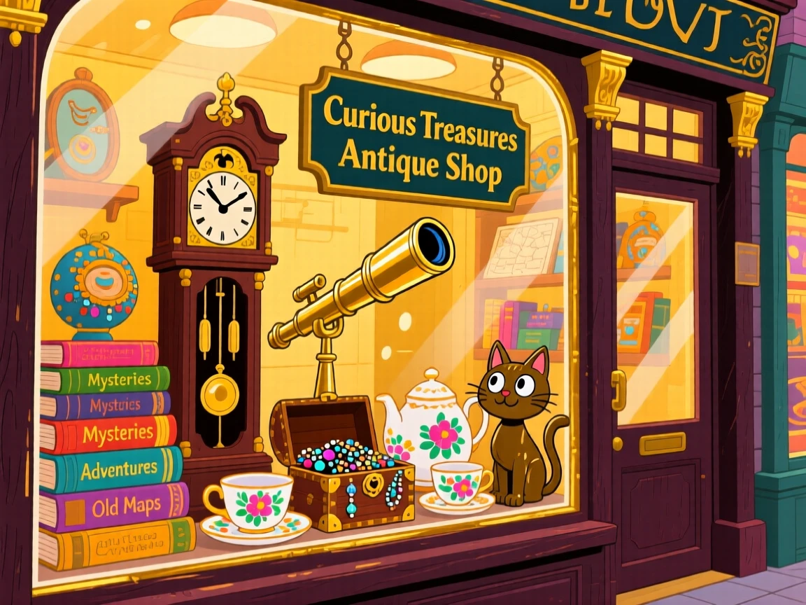 A antique shop window filled with curious old treasures.