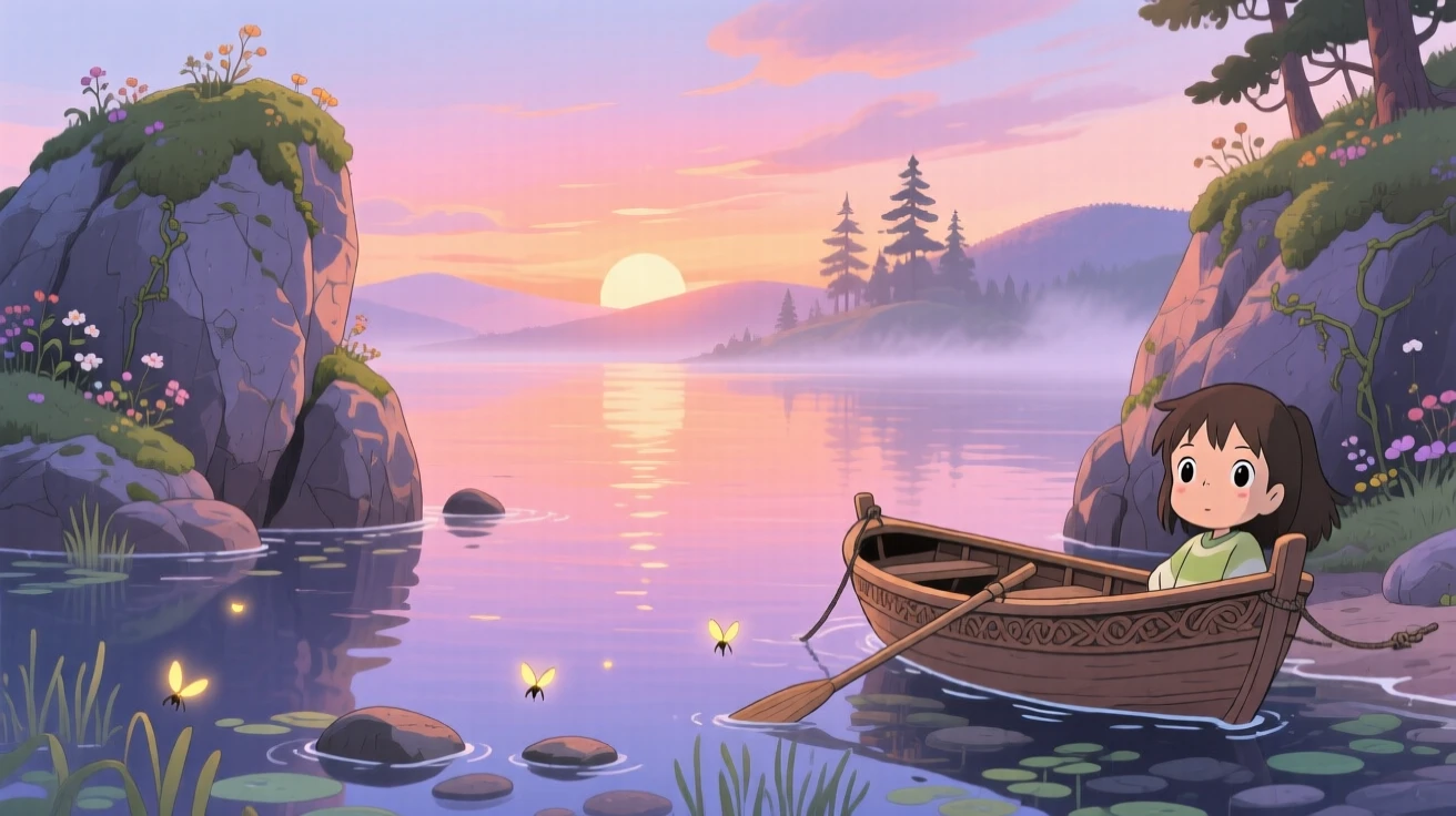 A stunning view of a tranquil bay reflecting the colors of dawn, framed between two rocky outcrops.
