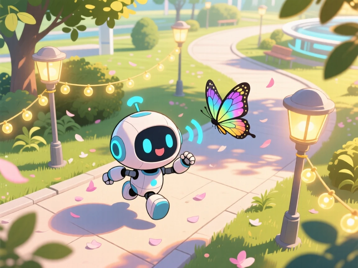 A tiny robot companion beeping happily while chasing a butterfly, framed as a bird's-eye view within a sunlit futuristic park, during a light summer breeze, glowing under warm fairy-light glow, evoking sleepy relaxation.
