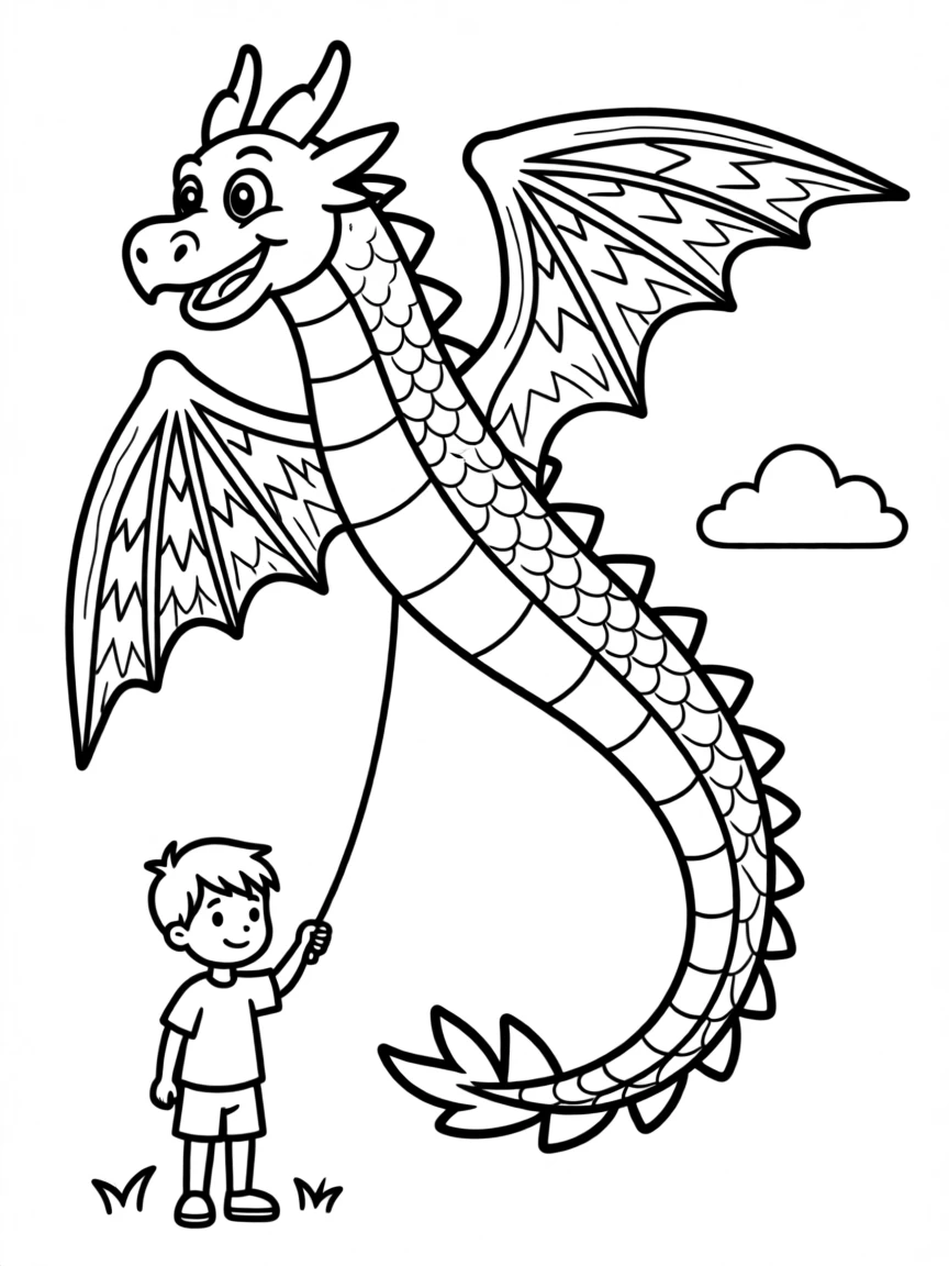 A kite shaped like a friendly dragon flying high