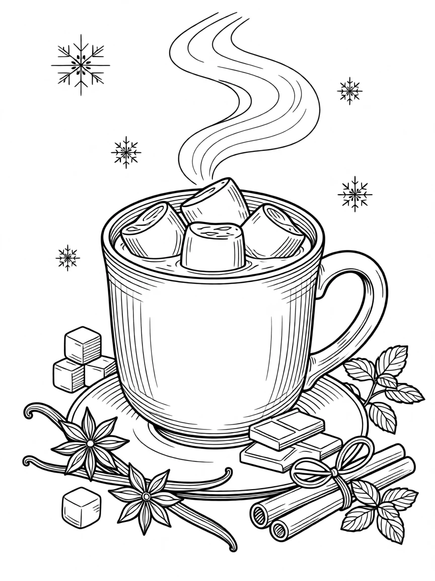 A hot chocolate mug with marshmallows melting on top, with fresh ingredients scattered artfully around it.