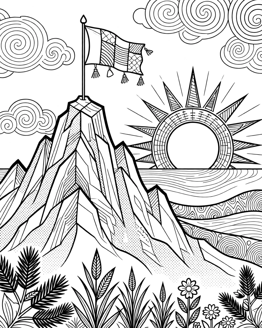 A mountain peak with a flag planted beside a rising sun.