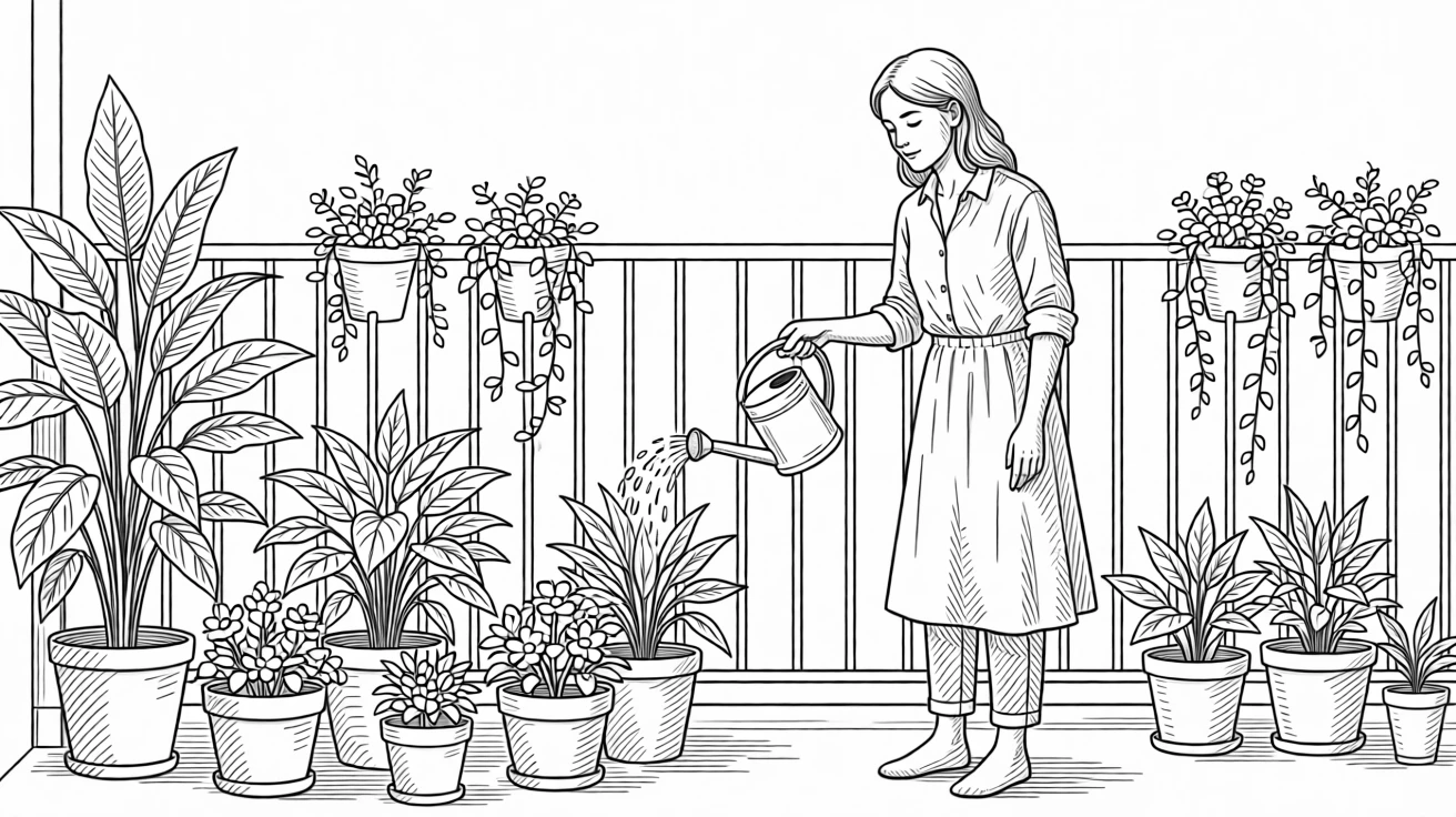 A person watering houseplants on a sunny balcony