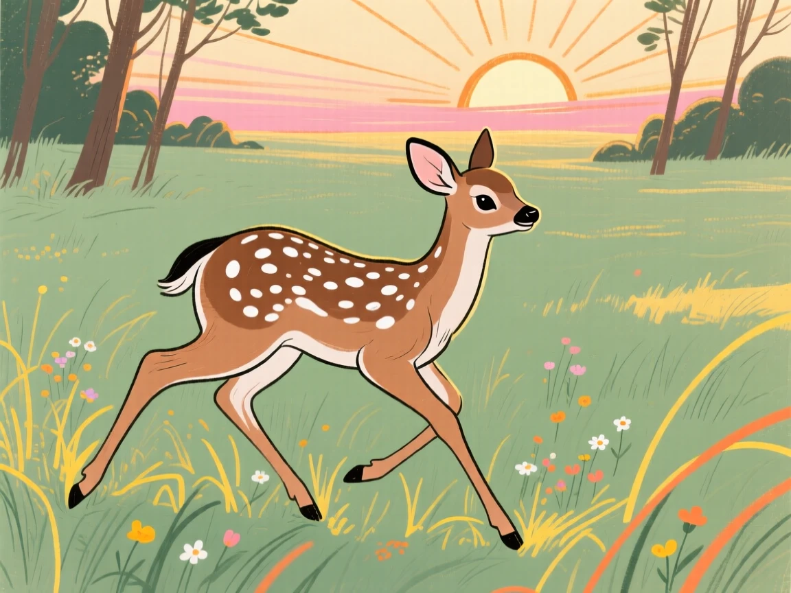 A spotted fawn playing in a sunlit meadow at sunrise.