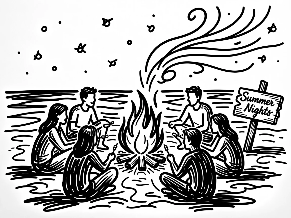 A summer beach bonfire with friends roasting marshmallows under the stars.