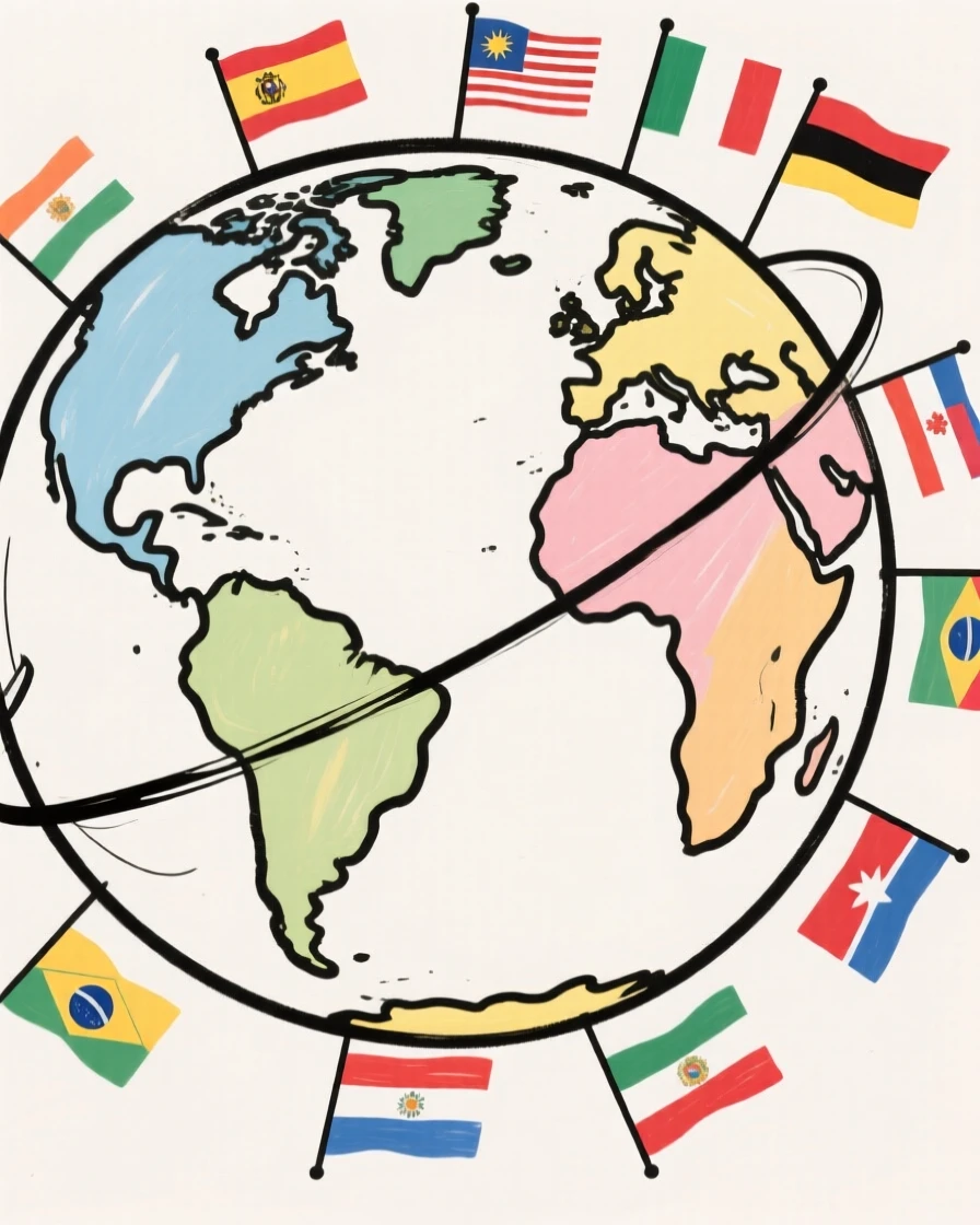 A world globe surrounded by flags representing different countries.