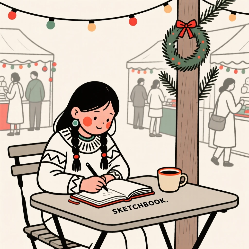 A young girl of Native American heritage sketching in a notebook at a cafe, at a bustling holiday market.