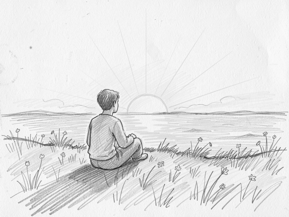 A serene, inspiring scene of a person watching the sunrise from a hilltop, surrounded by soft golden light, capturing a moment of pure stillness.