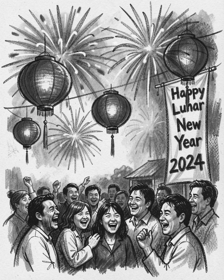 A Lunar New Year celebration with red lanterns and fireworks, as laughter fills the air around them.