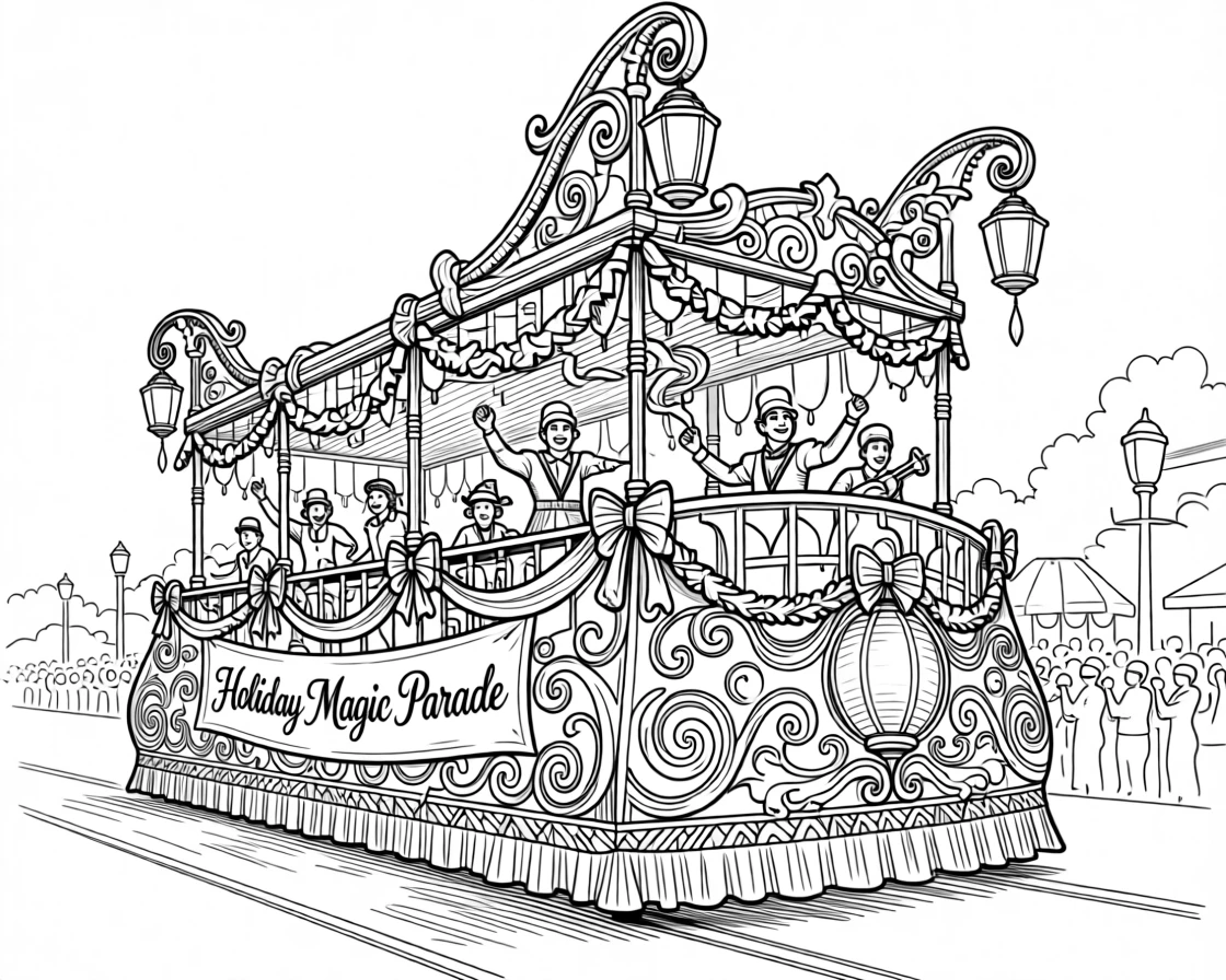 A beautifully decorated float gliding through a nighttime holiday parade.