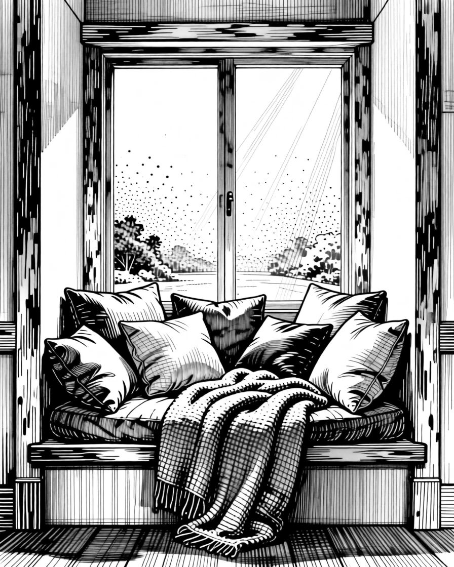 A reading nook filled with cushions and soft blankets as the world outside quietly slows down, with dust motes drifting gently in the light, evoking a calm and restorative sense of calm.