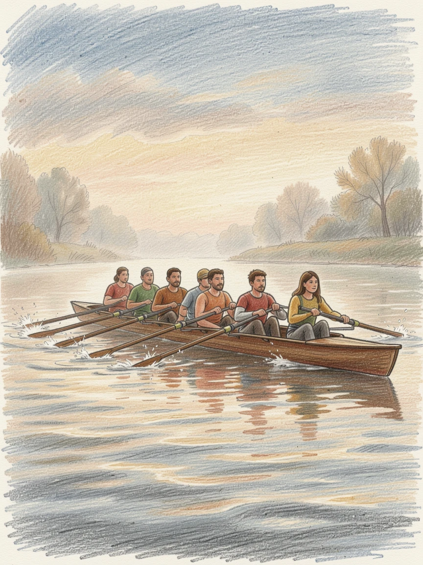 A rowing crew gliding across a misty morning river, bathed in the warm glow of golden-hour light, evoking nostalgia and a deep sense of contentment.
