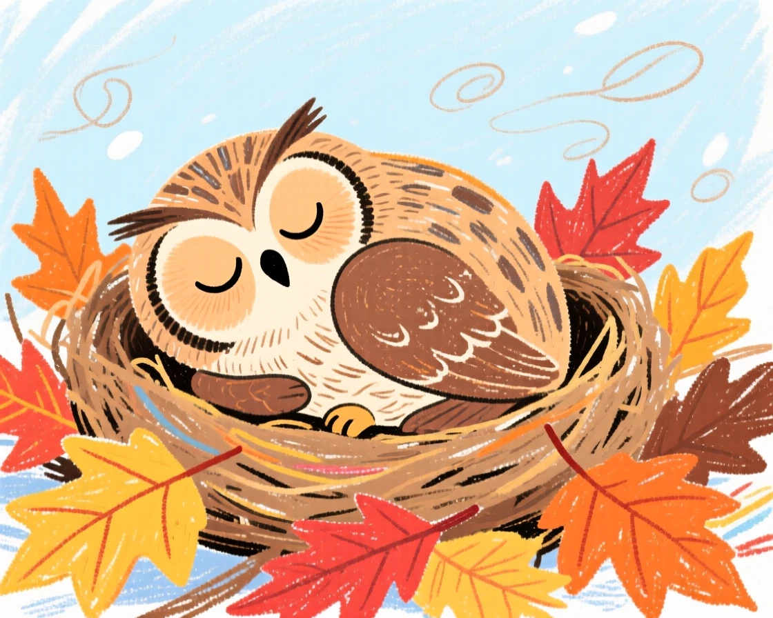 A screech owl curling up in a nest of dry leaves for winter.